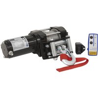 Black Sealey 12v ATV winch with red strap, silver hook, and remote control.