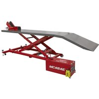 Red Sealey 12v Electric Motorcycle Lift with scissor mechanism, ramp, and stabilizing wheels.