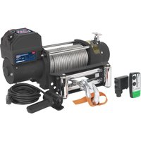 Black Sealey 12v self-recovery winch kit with steel cable, remote control, and orange strap hook.