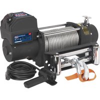 Black Sealey 12v self-recovery winch with steel cable, orange strap, and wired remote control.