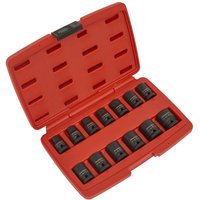 Red Sealey case with 13 black bi-hexagon impact sockets, neatly arranged in rows.
