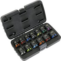 Sealey 13 piece 1/2" drive hexagon impact socket set in black case, color-coded sockets with size markings.