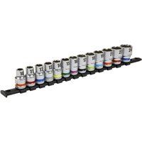 Sealey 13 piece socket set with color-coded hexagon sockets on a black rail, each socket marked with size.