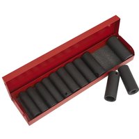 Red metal case with 13 black deep hexagon impact sockets, both metric and imperial sizes, by Sealey.