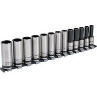 Sealey 13 Piece Black Series socket set with silver and black deep lock-on hexagon sockets on a black rail.