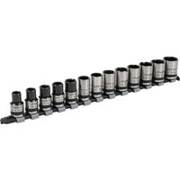 Sealey 13 piece black hexagon socket set with silver labeling on a metal rail.