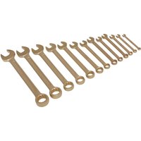 Sealey 13 Piece Non Sparking Spanner Set, bronze-colored, open and box ends, arranged in size order.