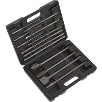 Sealey 13 Piece SDS Plus Drill Bit and Chisel Set in black plastic case with assorted silver bits and chisels.