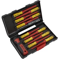 Sealey 13 Piece VDE Insulated Screwdriver Set with red and yellow handles in a black plastic case.