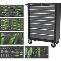 Black Sealey roller cabinet with 8 drawers, filled with 136 green-handled hand tools, on sturdy caster wheels.
