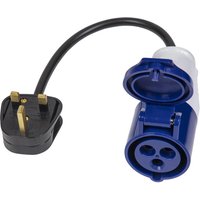 Black cable with UK 13A plug and blue 2P+E socket, hinged cover, by Sealey.