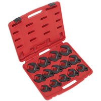 Red Sealey case with 14 black metric crow foot spanners, 1/2" drive, arranged in slots.