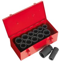 Red metal case with 14 black deep hexagon impact sockets, Sealey brand, arranged in rows for metric and imperial sizes.