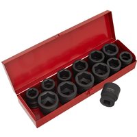 Red metal case with 14 black hexagon impact sockets in various sizes, Sealey branding visible on sockets.