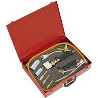 Red Sealey 14 Piece Propane Torch Kit with brass fittings, hoses, and nozzles in a foam-lined metal case.