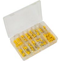 Clear plastic box with 140 yellow crimp terminals in assorted shapes and sizes, organized in compartments.