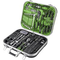 Sealey 144-piece mechanics tool kit in a green-lined silver case with wrenches, sockets, pliers, and ratchets.