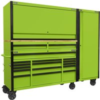 Green Sealey 15 drawer trolley with wooden worktop, hutch, and locker combo on wheels, black accents.