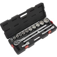 Sealey 15 Piece 3/4" Drive Bi Hexagon Socket Set in black case with red latches, includes ratchet and extension bars.