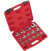 Red plastic case with 15 silver crow foot spanners, organized in slots, featuring a 3/8" drive metric set.