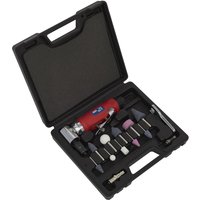 Sealey 15 Piece Air Die Grinder Kit in black case, includes red 90° angle grinder and various grinding attachments.