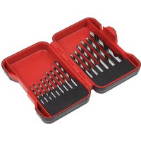 Red and black Sealey case with 15 silver brad point wood drill bits arranged in size order.