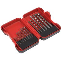 Red Sealey 15 Piece Masonry Drill Bit Set in a red plastic case with organized slots for each silver drill bit.