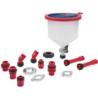 Sealey 15 Piece Coolant Filling Kit with red and black adapters, white funnel, and red lid.