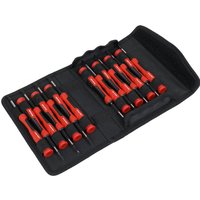 Sealey 15 Piece Precision Screwdriver Set with red and black handles in a black folding case.