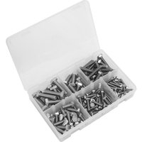 Sealey 150 piece stainless steel set screw assortment in clear plastic case with six compartments, sizes M5 to M10.
