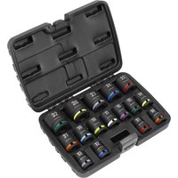 Black Sealey 16-piece 1/2" drive hexagon impact socket set in a sturdy black case with color-coded sockets.