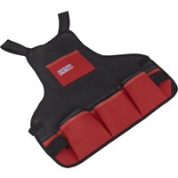 Black and red Sealey mechanics tool apron with 16 pockets and adjustable straps.