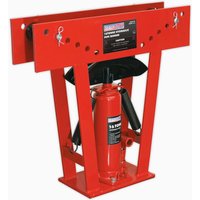 Red Sealey 16 Tonne Hydraulic Pipe Bender with dual handles and black pipe supports.