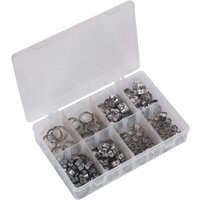 Sealey 160 piece stainless steel O clip assortment in a clear plastic organizer with multiple compartments.