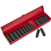 Sealey 17 Piece Deep Hexagon Impact Socket Set in red metal case, featuring black metric and imperial sockets.