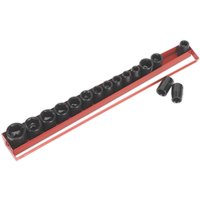 Sealey 17-piece black hexagon impact socket set in red metal tray, includes metric and imperial sizes.