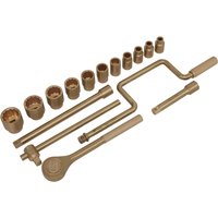 Sealey 17 piece non-sparking socket set with bronze finish, includes sockets, ratchet, and extension bars.