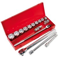 Red Sealey socket set with 17 silver hexagon WallDrive sockets, ratchet, and extensions in a metal case.