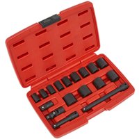 Red Sealey 17 Piece 3/8" Drive Impact Socket Set in a red plastic case with black sockets and accessories.