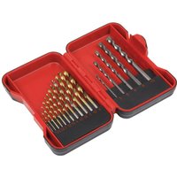 Red Sealey drill bit set with 17 HSS and masonry bits in a compact, open plastic case.