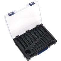 Sealey 170 piece drill bit set in black plastic case with clear lid, featuring assorted sizes of HSS roll forged bits.
