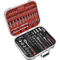 Sealey 172 piece socket and bit set in a silver case with red and black interior, featuring various sockets and tools.