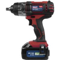 Red Sealey 18V cordless impact wrench with black grip and 1/2" square drive, featuring a lithium battery pack.