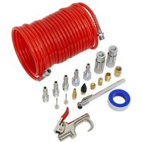 Red coiled hose with metal fittings, air blow gun, various nozzles, connectors, and blue sealing tape.