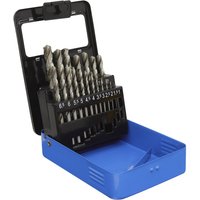 Blue Sealey drill bit set with 19 HSS-G bits in black holder, sizes marked, in open plastic case.