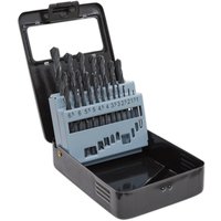 Black Sealey drill bit set with 19 HSS-R bits in a blue holder inside an open black plastic case.