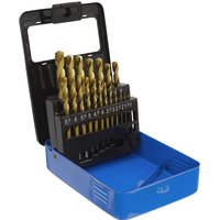 Sealey 19 Piece HSS Titanium Drill Bit Set in a blue case with gold-colored bits arranged by size.