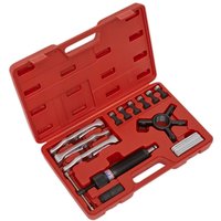 Red Sealey 19 Piece Hydraulic Puller Set in a molded case with various metal puller components and attachments.