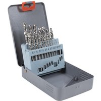 Sealey 19 piece left hand spiral drill bit set in gray case with orange latch, bits organized in labeled slots.