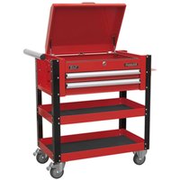 Red Sealey 2 Drawer Heavy Duty Mobile Tool Trolley with open top, two drawers, two shelves, and four caster wheels.